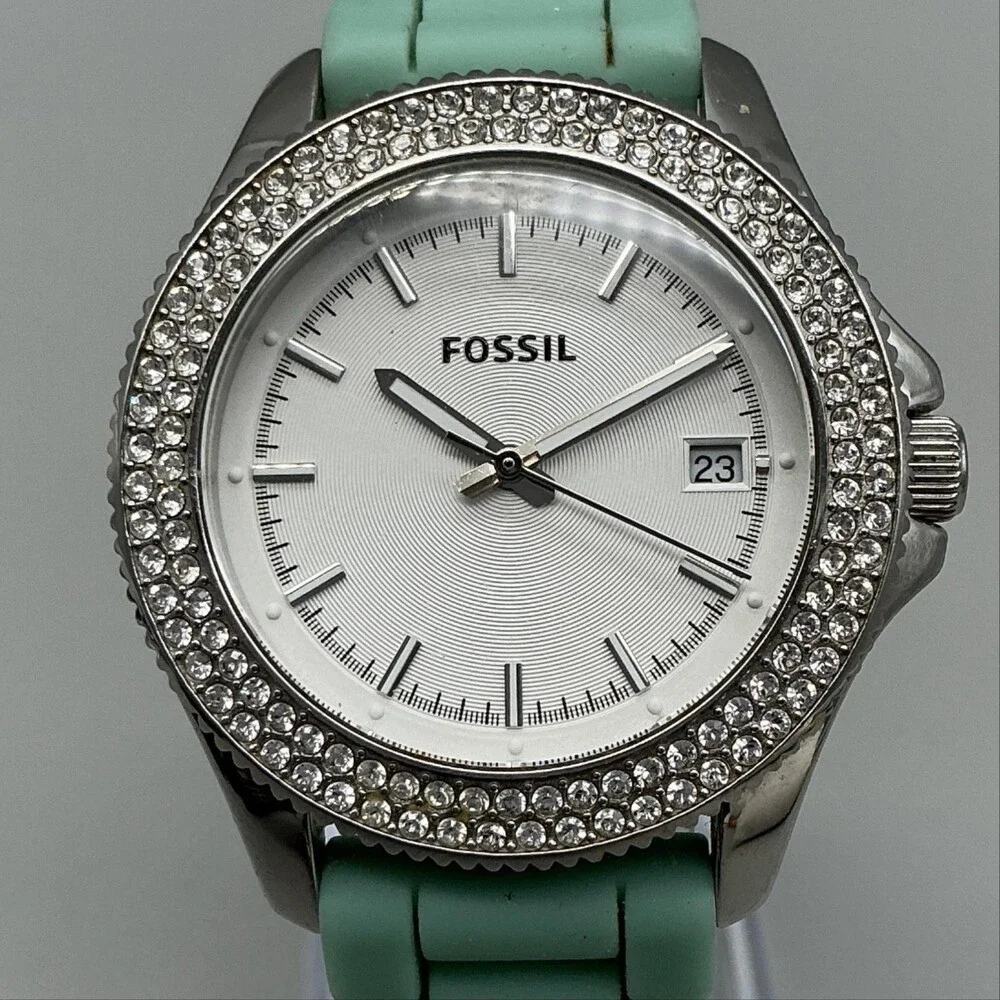Fossil AM4464 Womens Watch 37mm White Dial Green Silicone Crystals Date New Batt